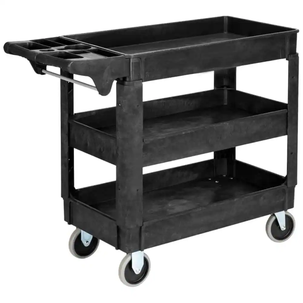 Front. Winado - Plastic Utility Cart Industrial Service Cart with 3 Shelves, 5” Non-Marring Casters, Ergonomic Handle for Garage & Shop - Black.