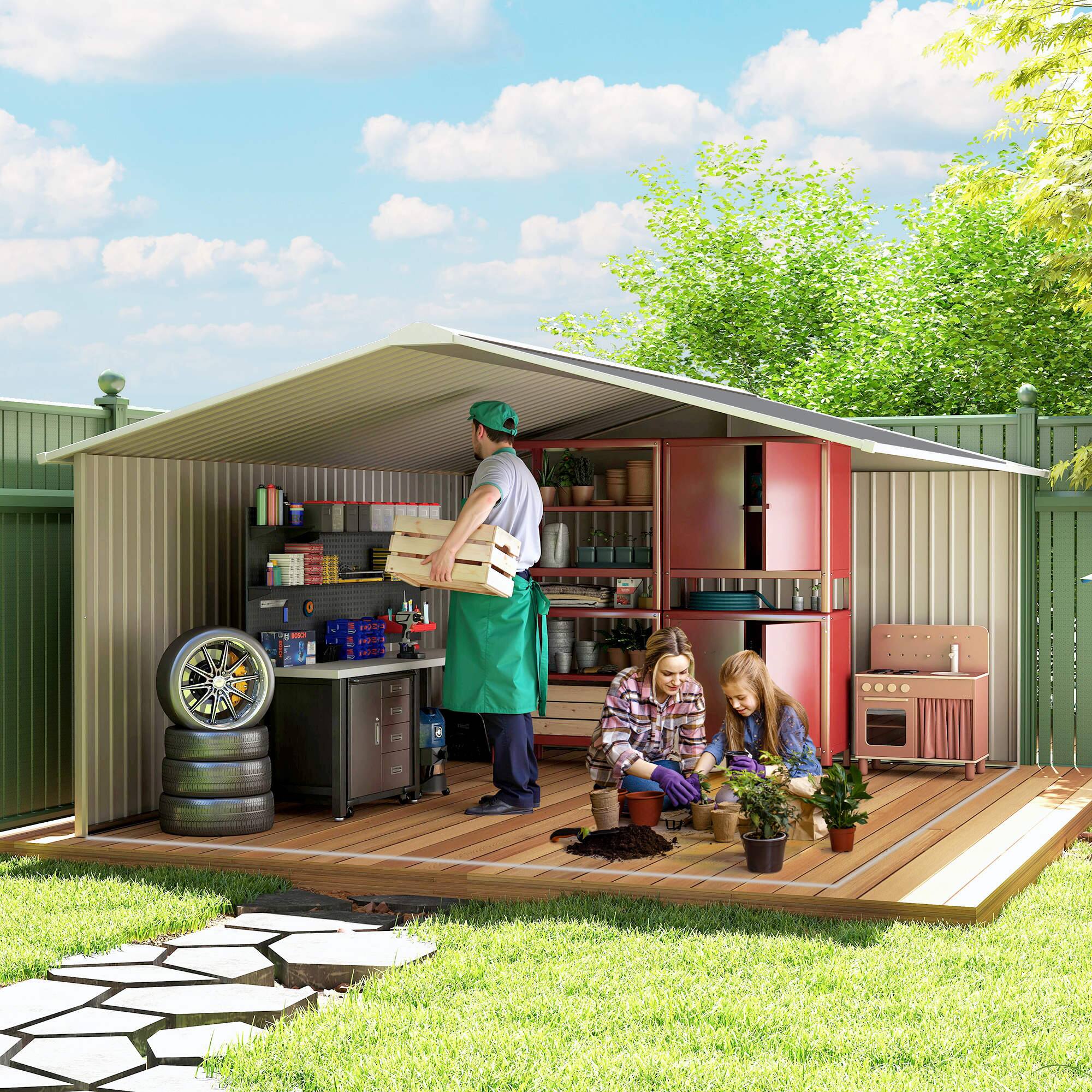 Alt View 8. Outsunny - 11' x 13' Outdoor Storage Shed, Garden Tool Metal Shed with Foundation Kit, Double Lockable Door.