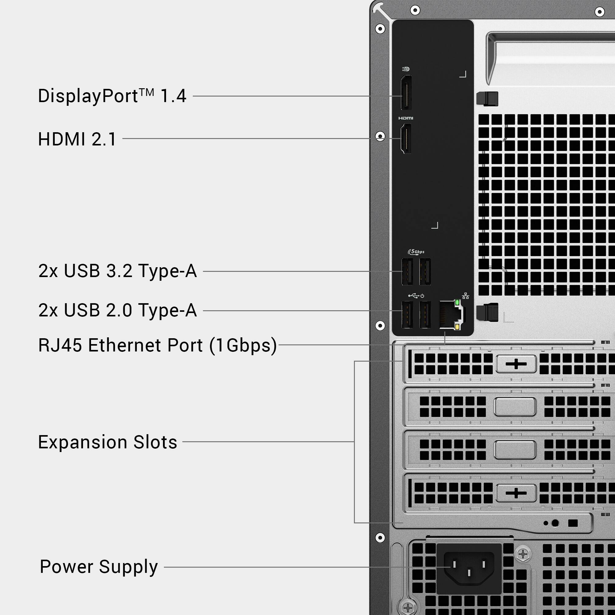 - DisplayPort™ 1.4
- HDMI 2.1
- 2x USB 3.2 Type-A
- 2x USB 2.0 Type-A
- RJ45 Ethernet Port (1Gbps)
- Expansion Slots
- Power Supply
