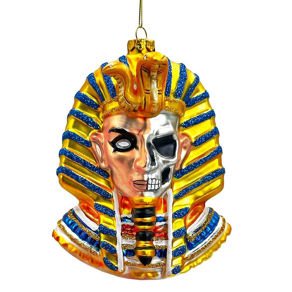 Front. OrnamentallyYou - Evil Egyptian Pharoah Half Skull Head Glass Ornament Gothic Halloween Tree Decor - Multi-colored.