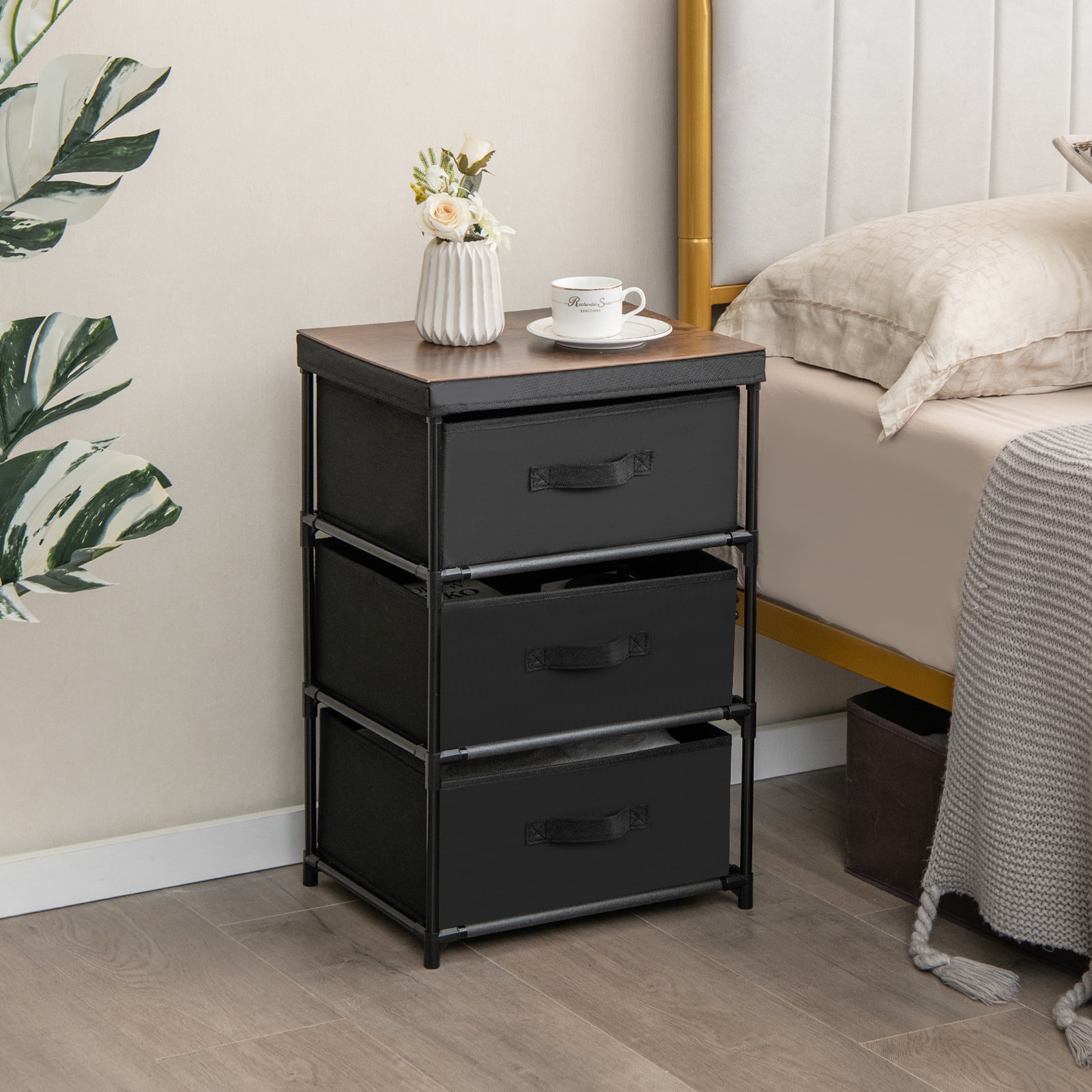 Alt View 12. Costway - 3 Drawers Dresser Fabric Storage Tower Organizer Unit Tall Nightstand Side Table - Black/Rustic Brown.