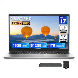 Dell - 15.6" FHD Laptop,Intel Core i7-1355U,16GB DDR5 RAM,512GB SSD+1TB Dock Set,Backlit Keyboard,Wi-Fi 6,Win 11 - Silver