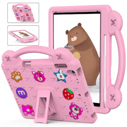 Front. Dteck - For Apple iPad 6th/5th & iPad Pro 9.7'' Cute Cartoon Kid Case Built-in Kickstand Handle Grip Shockproof Cover - Pink.