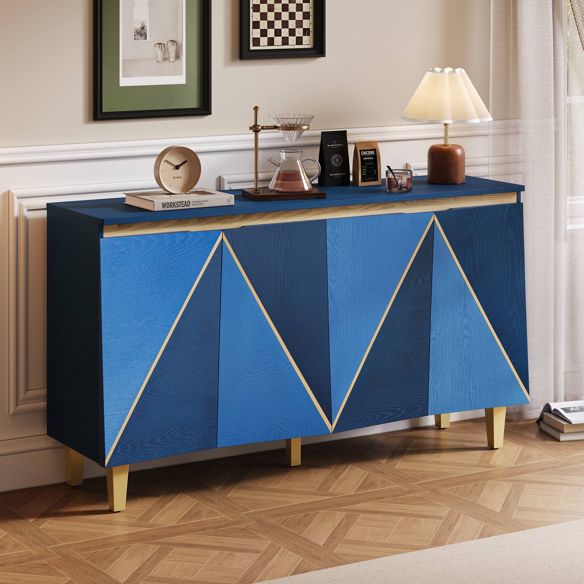 Lirago - 60 Inch Retro Buffet Cabinet with 4 Doors Dimensional Effect and Adjustable Shelves for Dining Room Kitchen Living Room​ - Blue