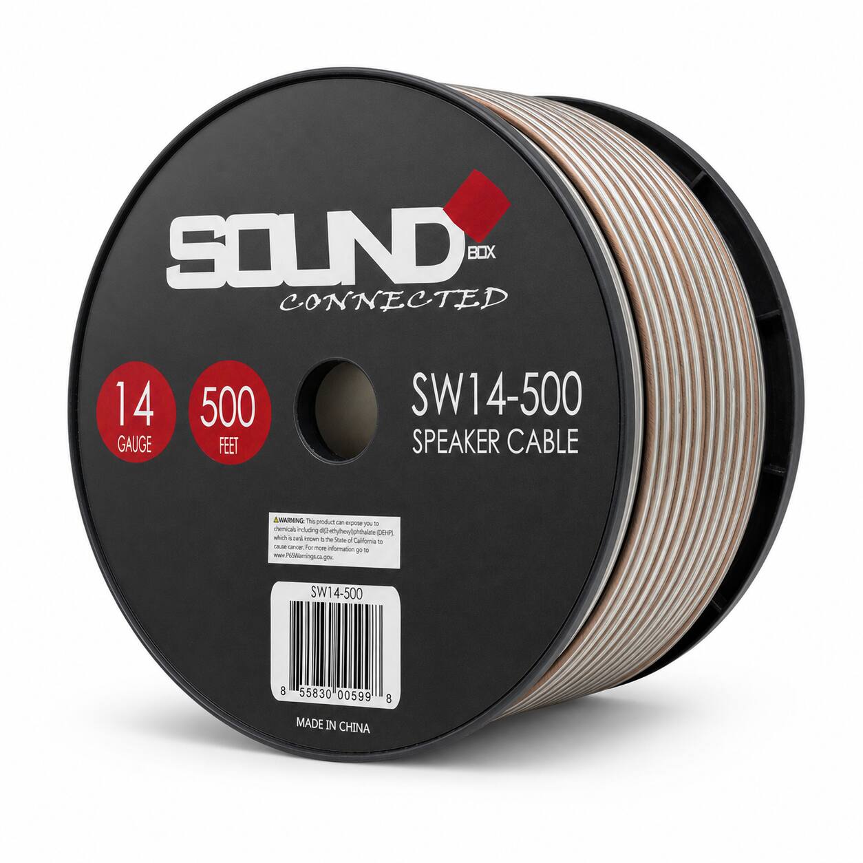 SOUND BOX CONNECTED  
14 GAUGE  
500 FEET  
SW14-500 SPEAKER CABLE  

A WARNING: The product can expose you to chemicals including di(2-ethylhexyl)phthalate (DEHP), which is known by the State of California to cause cancer. For more information go to www.P65Warnings.ca.gov.  

SW14-500  
8 55830 00599  
MADE IN CHINA