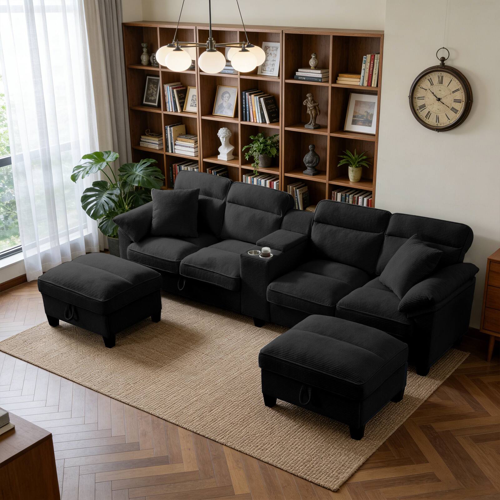 Angle. Electra Tech Xpress - Sectional Couches for Living Room with 2 Cup Holders,Corduroy Modular Sectional Sofa with Movable and Storable Ottoman - BLACK.