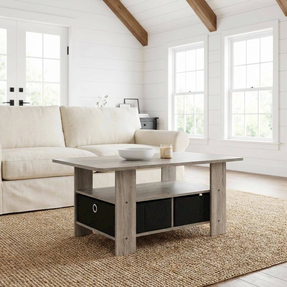 Angle. FurniFact - Coffee Table French Oak Grey Black with Bin Drawer and Sturdy Design - French Oak Grey/Black.