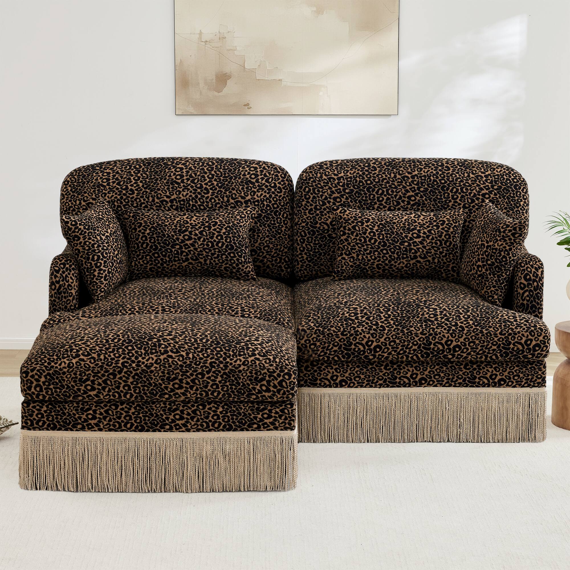 Anysun Comfy Chenille Leopard Loveseat w/ Tassel, Movable Ottoman ...