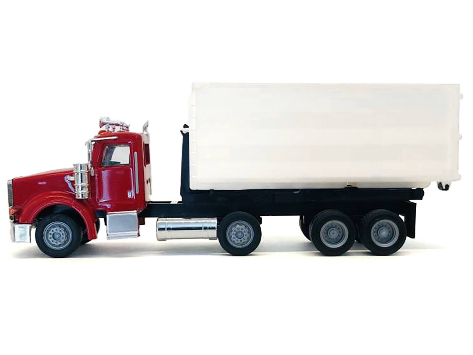 Angle. Promotex - Peterbilt 367 Roll-Off Dump Truck Red with White Box 1/87 (HO) Plastic Model Car by Promotex - Red with White.