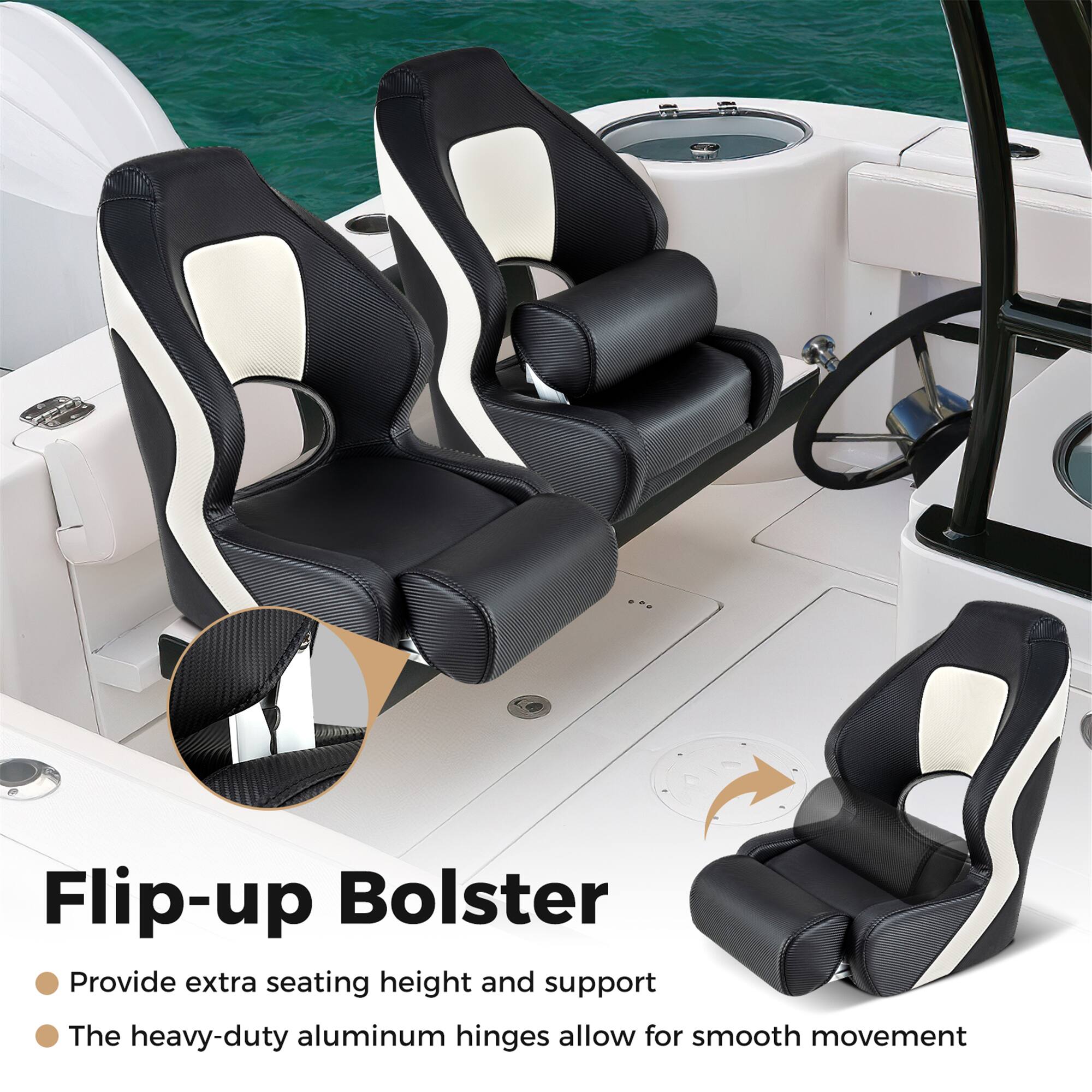 Flip-up Bolster  
- Provide extra seating height and support  
- The heavy-duty aluminum hinges allow for smooth movement