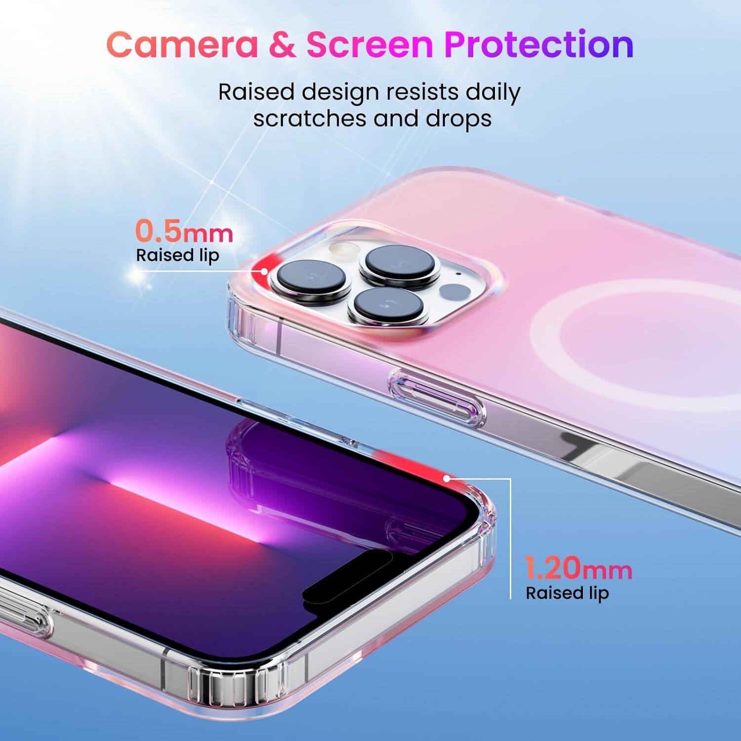 Camera & Screen Protection
Raised design resists daily scratches and drops
0.5mm Raised lip
1.20mm Raised lip