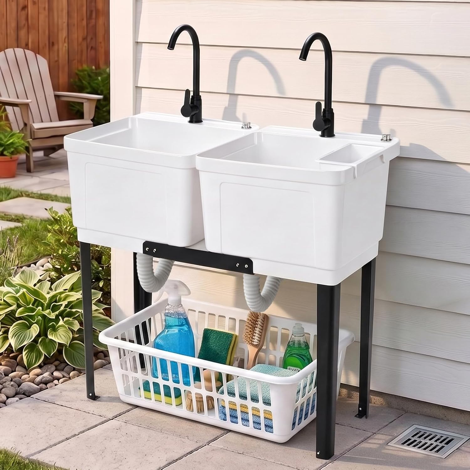 Alt View 4. Winado - Heavy-Duty Freestanding Utility Sink with Double Bowl & 2 Independent Stainless Steel Faucets for Garages, Laundry Rooms - White.