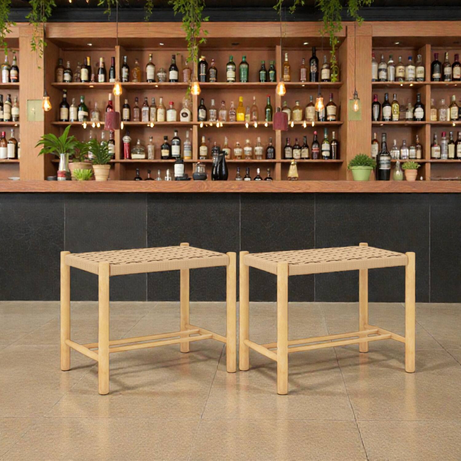 Front. Hivvago - 18 Inch Dining Stools with Sturdy Wooden Frame - Set of 2 - Natural.