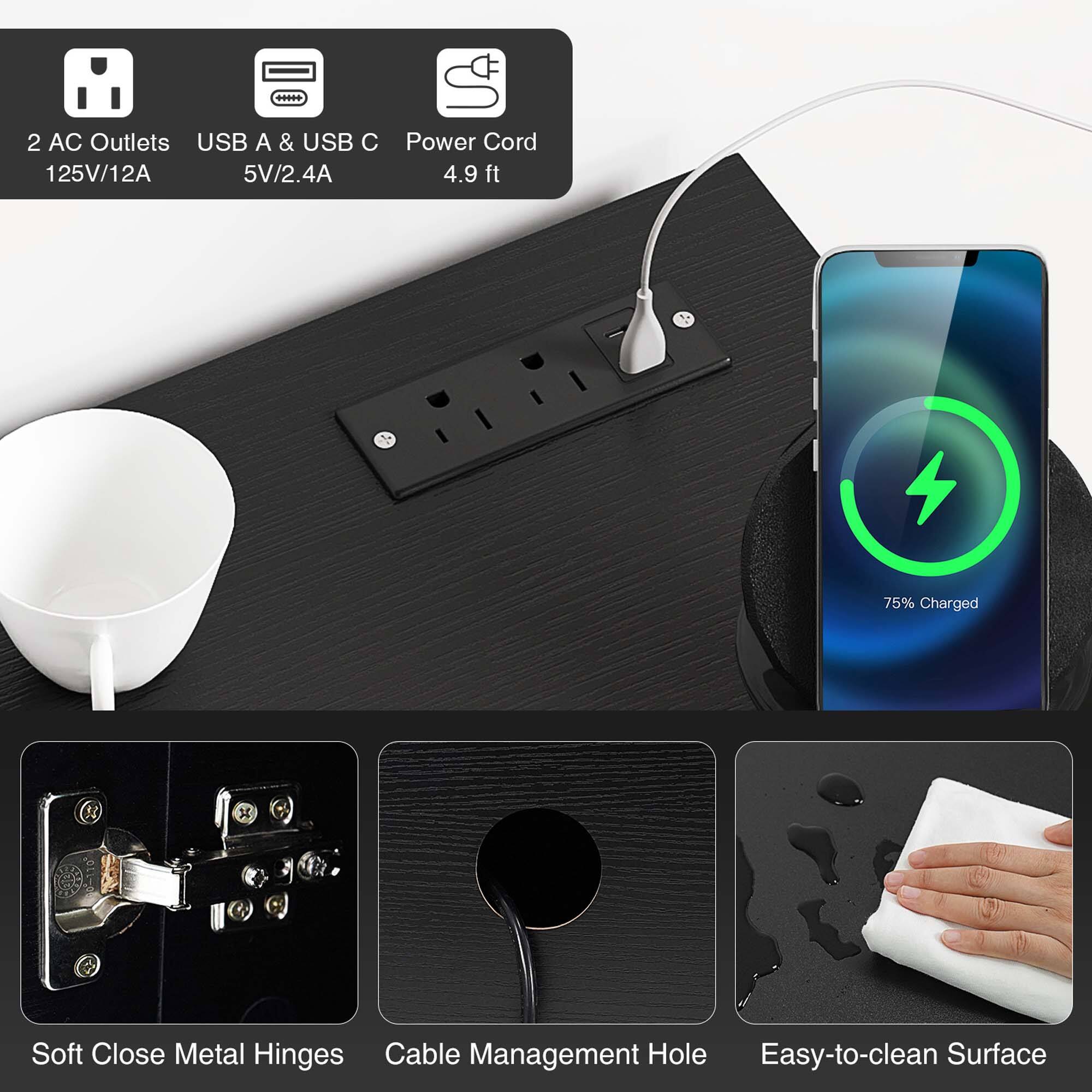 The image features a smartphone charging station with a power cord and two USB ports. The station is designed to charge a smartphone and has a soft-close metal hinge for easy use. The charging station also includes a cable management hole and an easy-to-clean surface. The device is compatible with both USB A and USB C connections, and it can charge at a maximum of 125V/12A or 5V/2.4A. The charging station is currently at 75% charge.