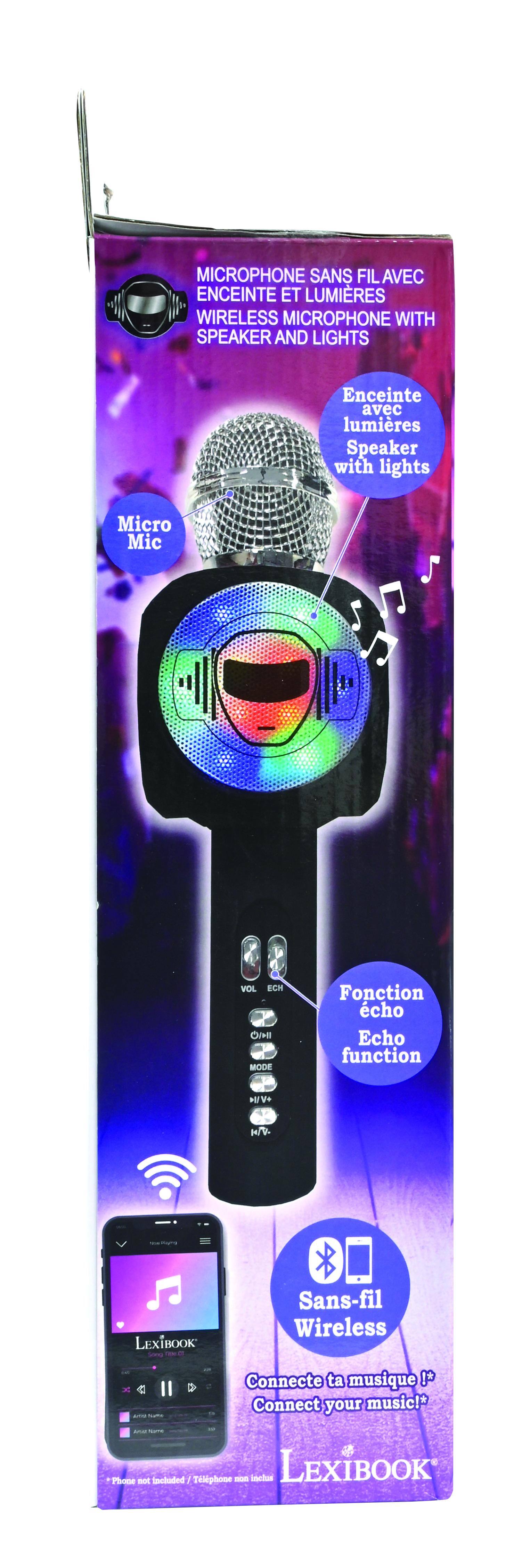 MICROPHONE SANS FIL AVEC ENCEINTE ET LUMIÈRES  
WIRELESS MICROPHONE WITH SPEAKER AND LIGHTS  

Enceinte avec lumières  
Speaker with lights  

Micro Mic  

Fonction écho  
Echo function  

Sans-fil  
Wireless  

Connecte ta musique !  
Connect your music!  

Phone mat indiqué  
Iphone - tus LEXIBOOK  

LEXIBOOK