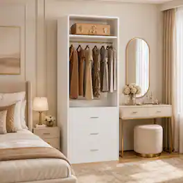 Aheaplus - 24" Freestanding Closet System,3 Wooden Drawers, Hanging Rod & Shelves - Space-Saving Organizer for Small Closets - White