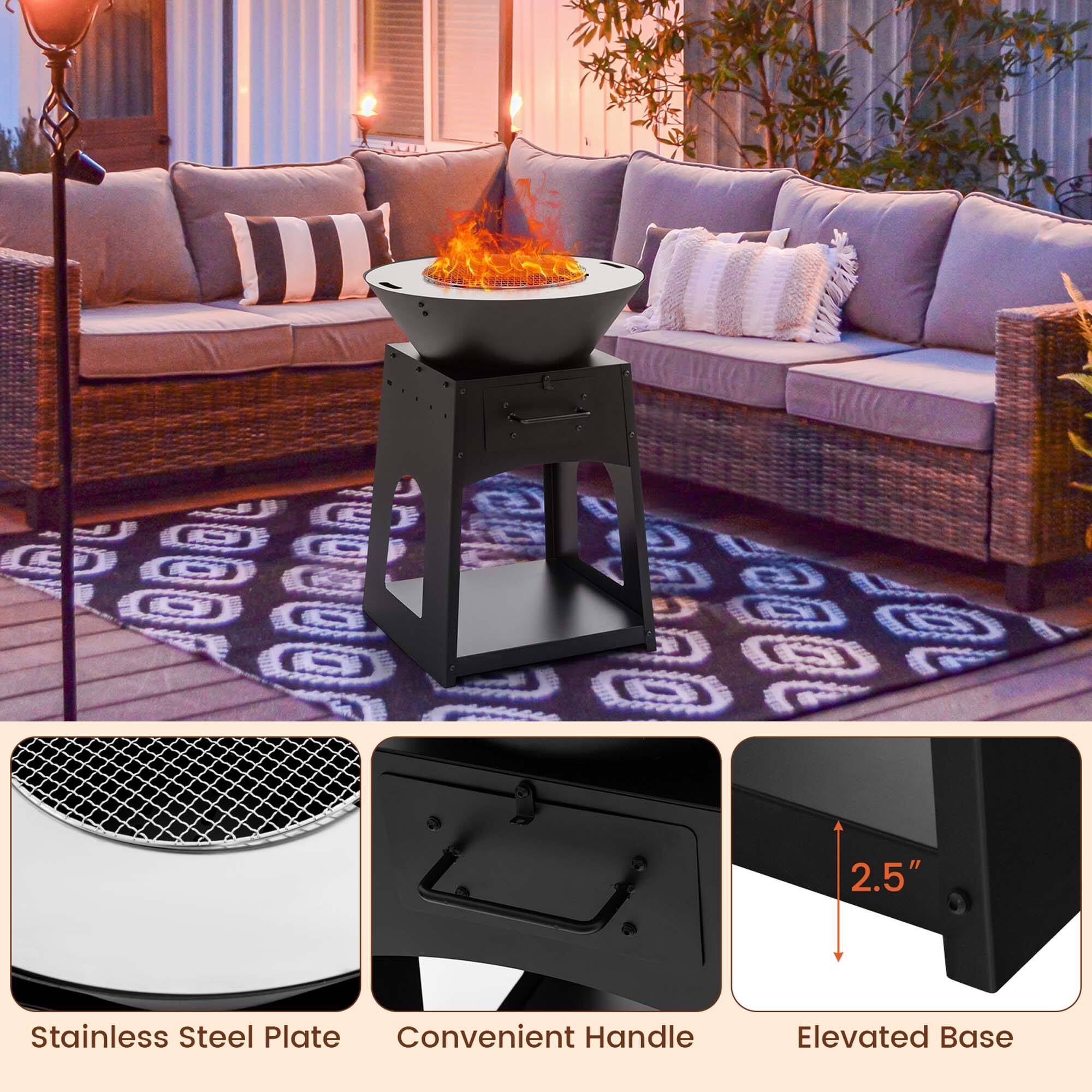 The image features a backyard scene with a fire pit and a table. The table has a stainless steel plate and a convenient handle, and it is placed on an elevated base. The fire pit is situated next to the table, making it a perfect setup for outdoor gatherings and events.