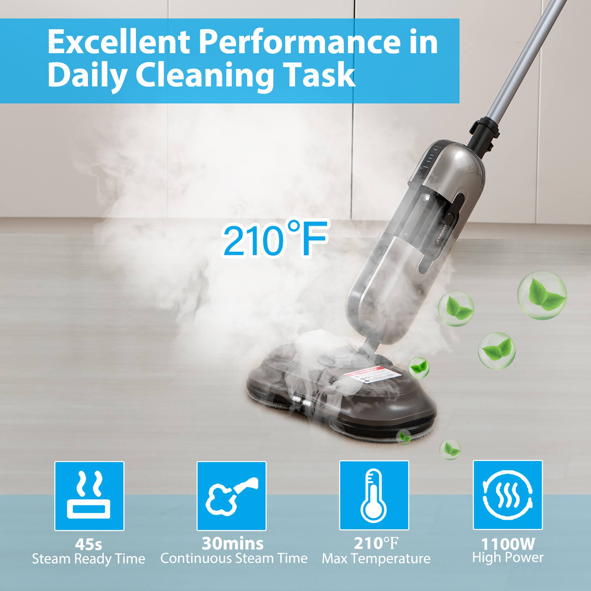 Excellent Performance in Daily Cleaning Task

210°F

- 45s Steam Ready Time
- 30mins Continuous Steam Time
- 210°F Max Temperature
- 1100W High Power