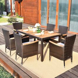Gymax - 7pcs Patio Rattan Dining Set 6 Stackable Cushioned Chairs Patio - as pic