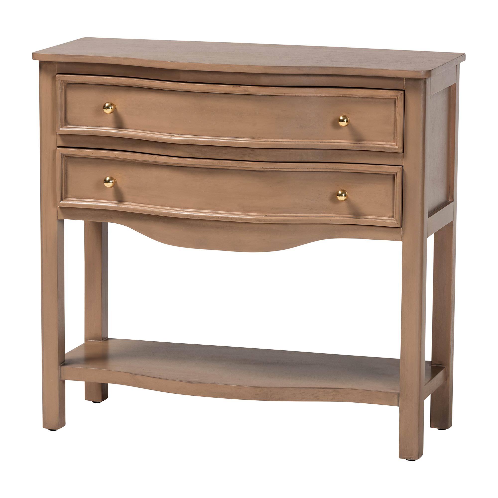 bali & pari - Kelila Console Table with Curved Front - 2-Drawer Entryway Table with Open Shelf and Sculpted Apron - Champagne Brown