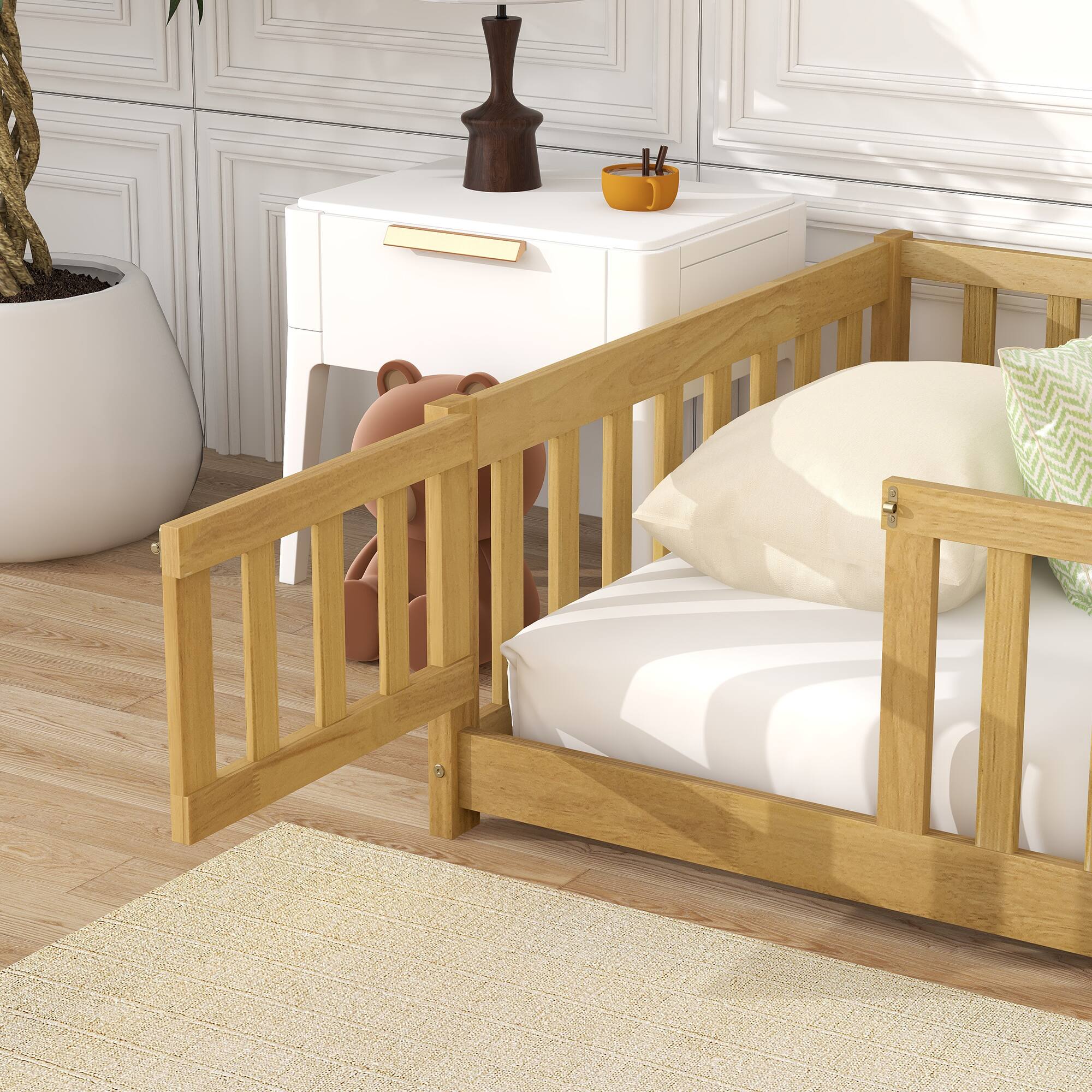 Back. Tiramisubest - Twin Size Floor Bed with Fence and Door,Rubber Wood Floor Bed with Safety Guardrails,Natural - Natural.