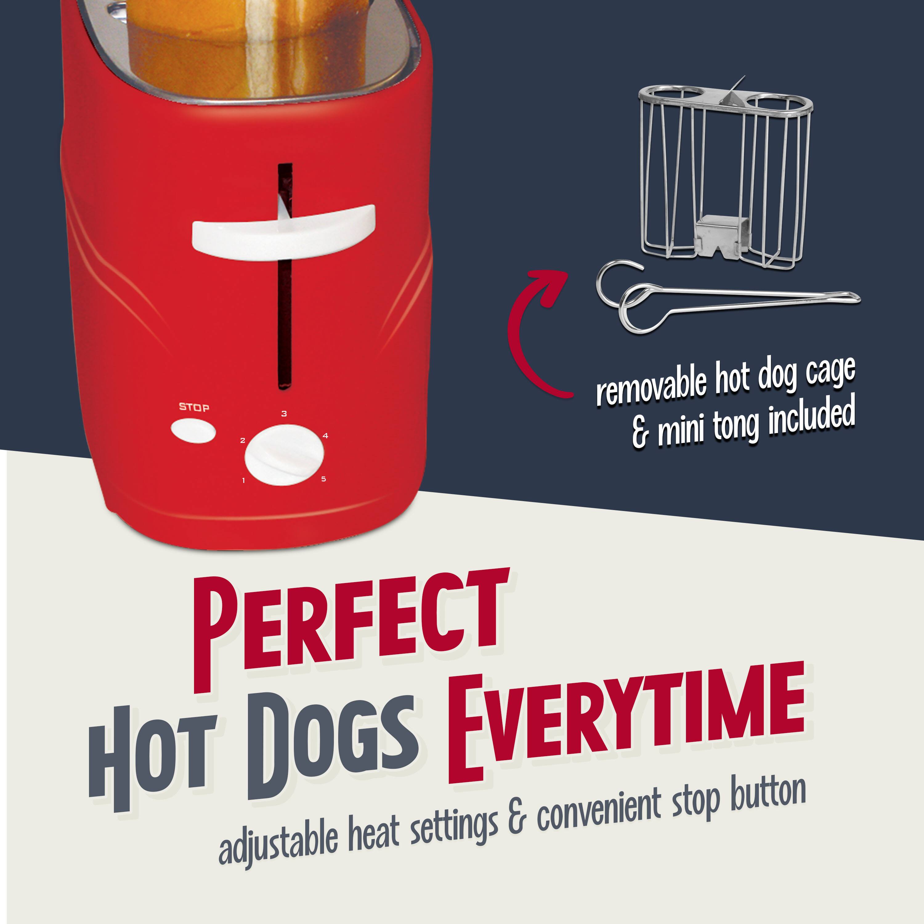 STOP. A removable hot dog cage & mini tong included. Perfect hot dogs every time. Convenient stop button, adjustable heat settings & adjustable.