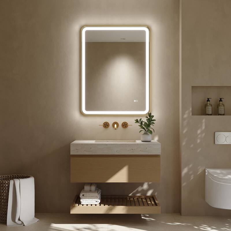 Left. WELLFOR - 28 in. W x 36 in. H Anti-Fog LED Bathroom Mirror, Wall Bathroom Vanity Mirror with Framed Round Corner - Brushed Gold.