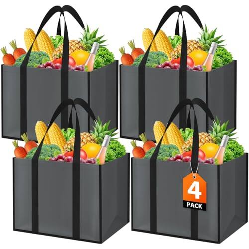Front. Vulpecula Spade - Reusable Grocery Bags with Handles - 4 Pack, 35L Large Shopping Bags for Groceries, Water-Resistant & Foldable Grocery - Gray.