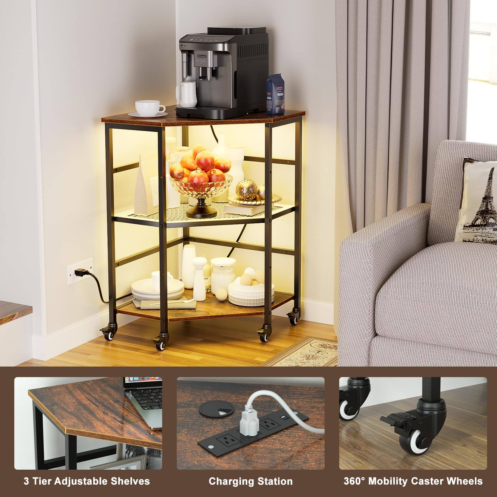 3 Tier Adjustable Shelves  
Charging Station  
360° Mobility Caster Wheels
