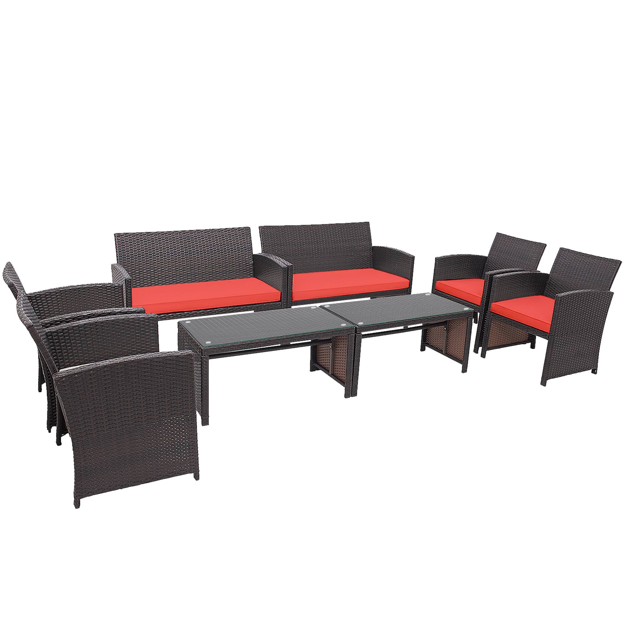 Alt View 1. Gymax - Gymax 8PCS Patio Conversation Set Outdoor Rattan Furniture Set w/ Red Cushions - Red.