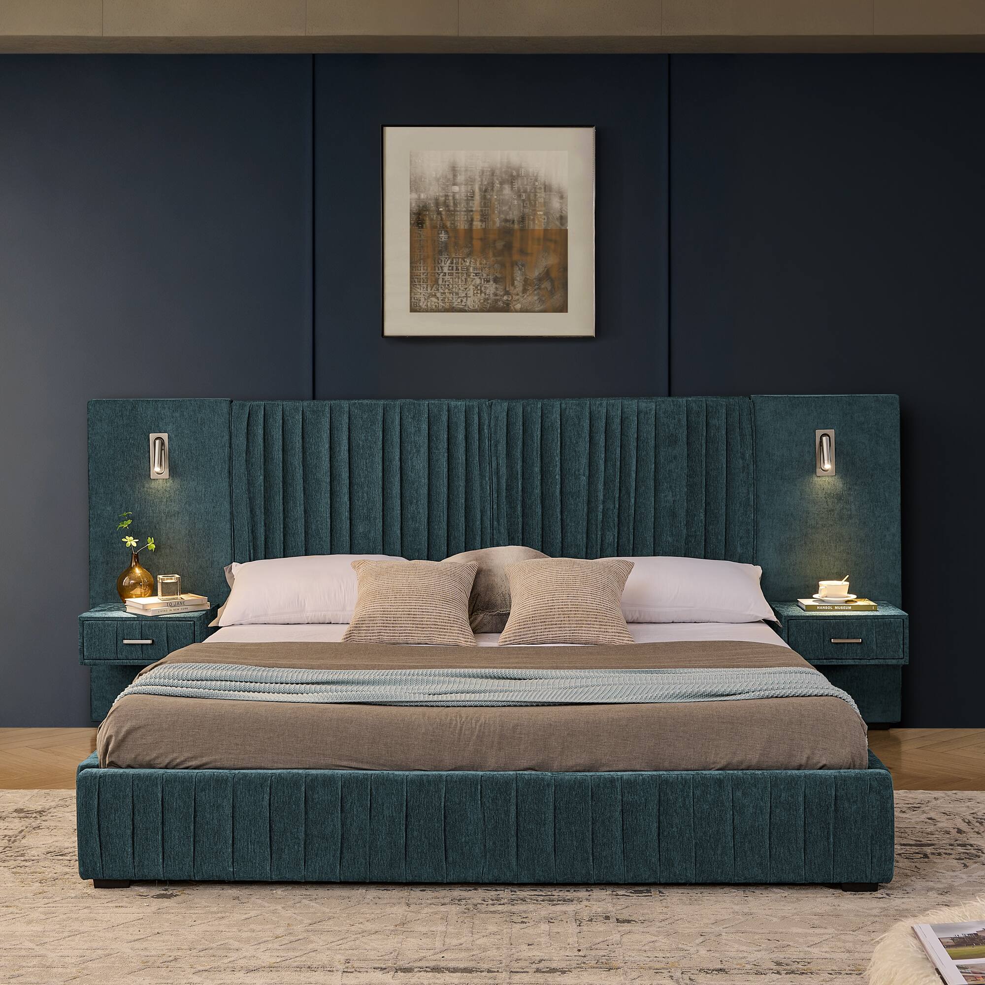 Left. Anysun - King Chenille Upholstered Platform Bed with Pleated Design & Headboard - Solid Frame, Side Table, No Box Spring Needed - Blue.