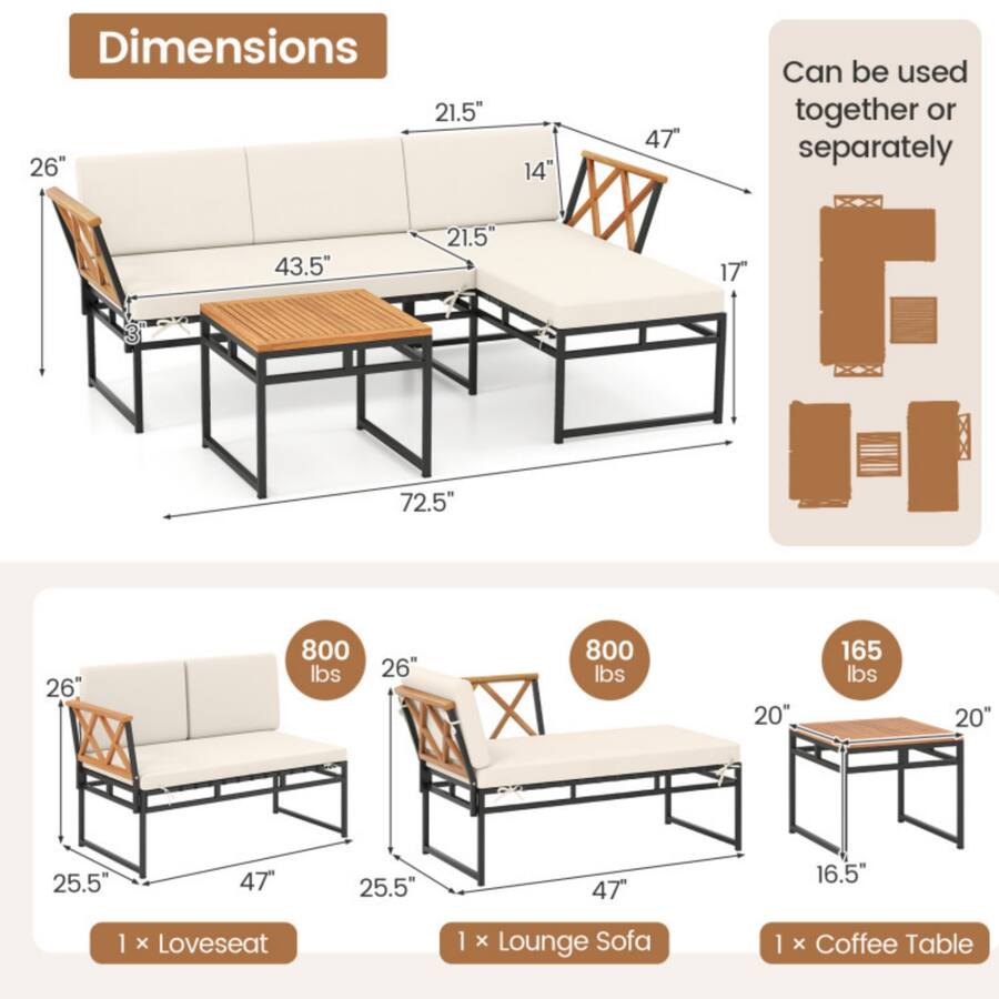 Sofa Graph Mondawe Freestanding L Shaped Acacia Wood Patio Set with Loveseat, Sofa ...