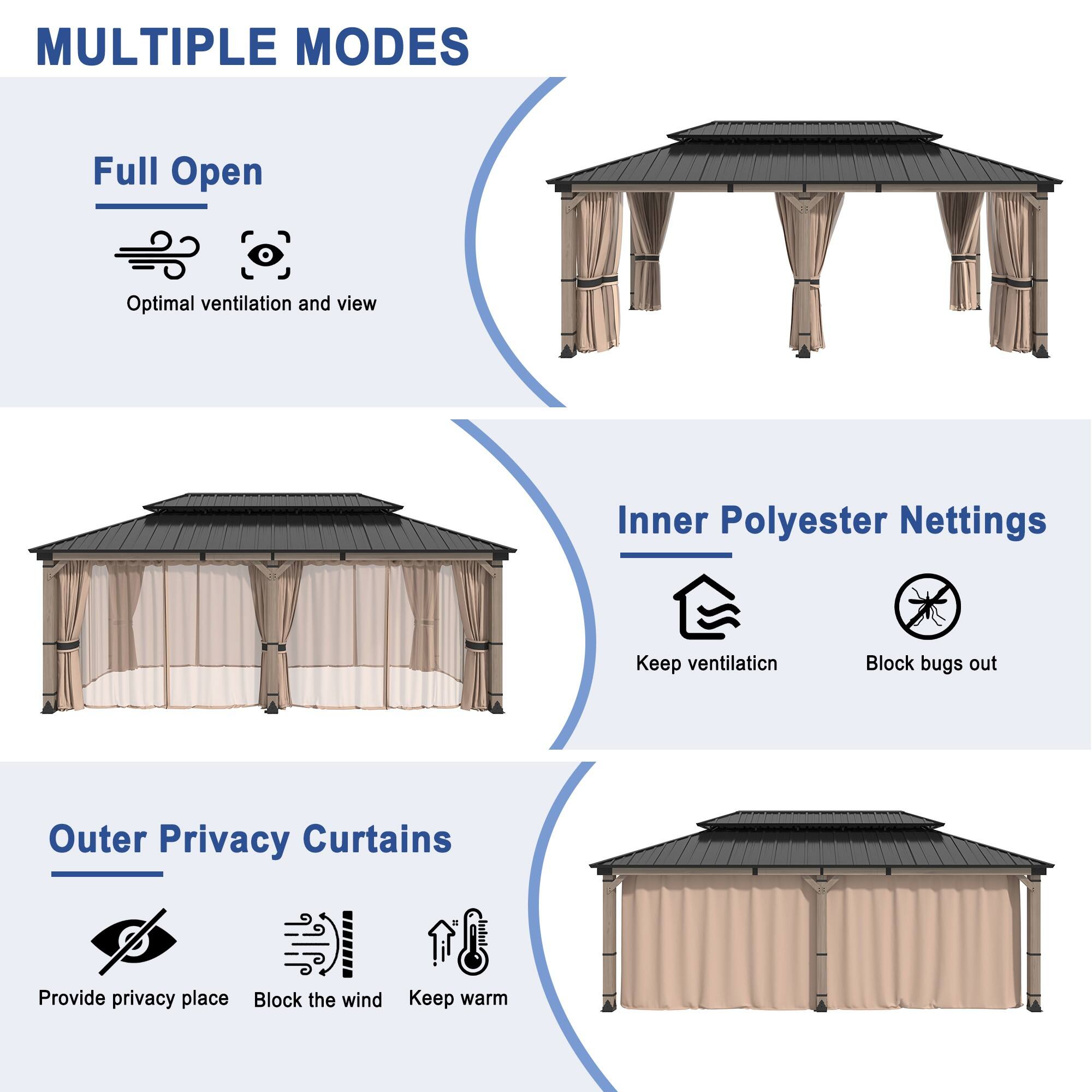 MULTIPLE MODES

Full Open
- Optimal ventilation and view

Inner Polyester Nettings
- Keep ventilation
- Block bugs out

Outer Privacy Curtains
- Provide privacy place
- Block the wind
- Keep warm