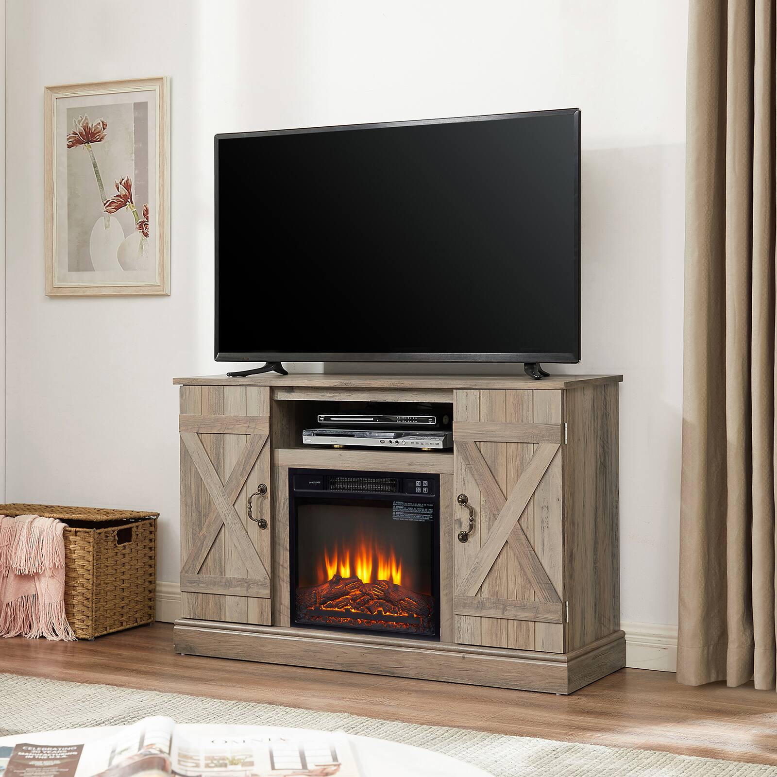 Alt View 7. Chateau Abodes - 47" Farmhouse TV Stand with Open and Closed Storage Space for TV up to 50" - Gray Wash with Fireplace.