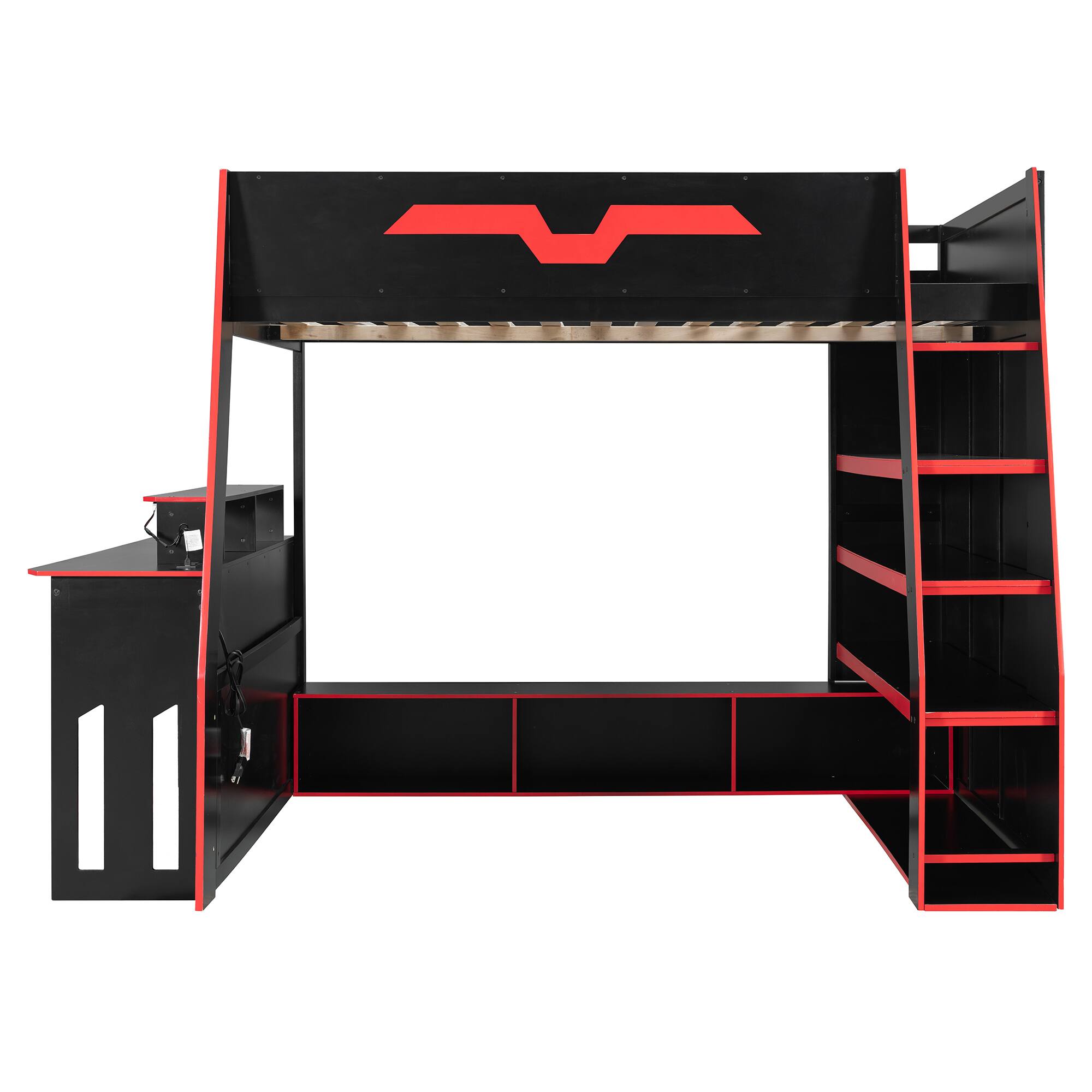 Back. Anysun - Full Size Wood Loft Bed with Desk, Multi-storage Shelves and RGB Light, Table with adjustable placement - Red.