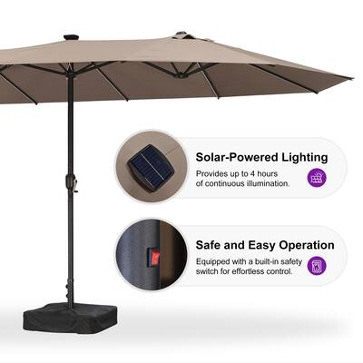 PURPLE LEAF - 14 ft. Patio Market Umbrella with Solar LED and Base Double-Sided Outdoor Table Sun Umbrellas for Pool Deck Backyard - Taupe PURPLE LEAF - 14 ft. Patio Market Umbrella with Solar LED and Base Double-Sided Outdoor Table Sun Umbrellas for Pool Deck Backyard - Taupe