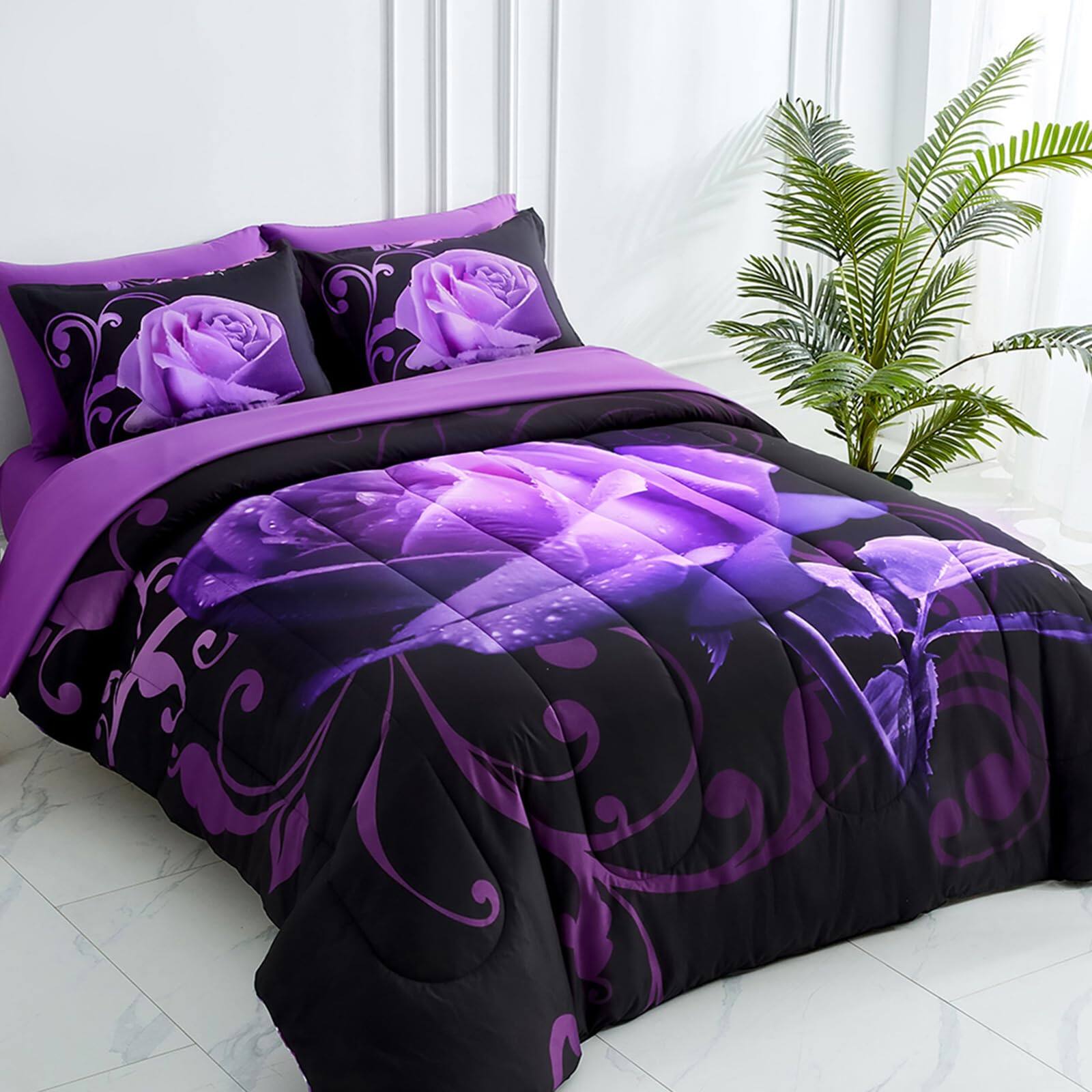 Back. PARKER SLATER - Purple Comforter Set Queen Reversible Rose 7 Pieces Bed In A Bag Lightweight Soft Microfiber Sets With Flat Sheet... - Red-Queen.