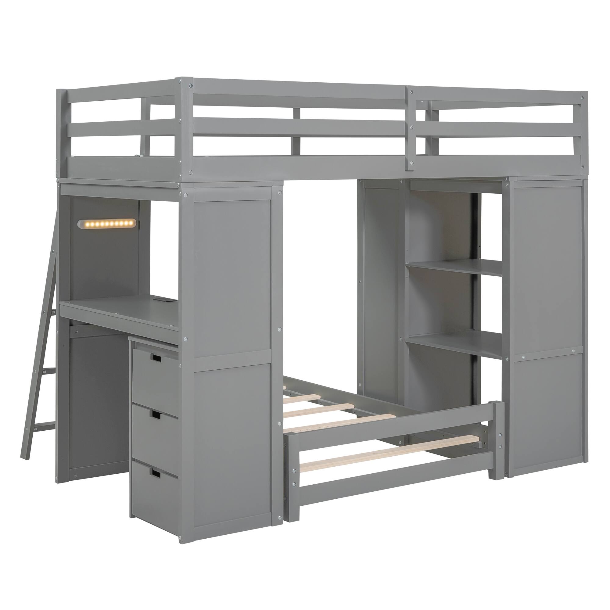 Alt View 9. Tiramisubest - Gray Twin over Twin Bunk Bed with LED, USB, Drawers, Shelves & Desk - Gray.