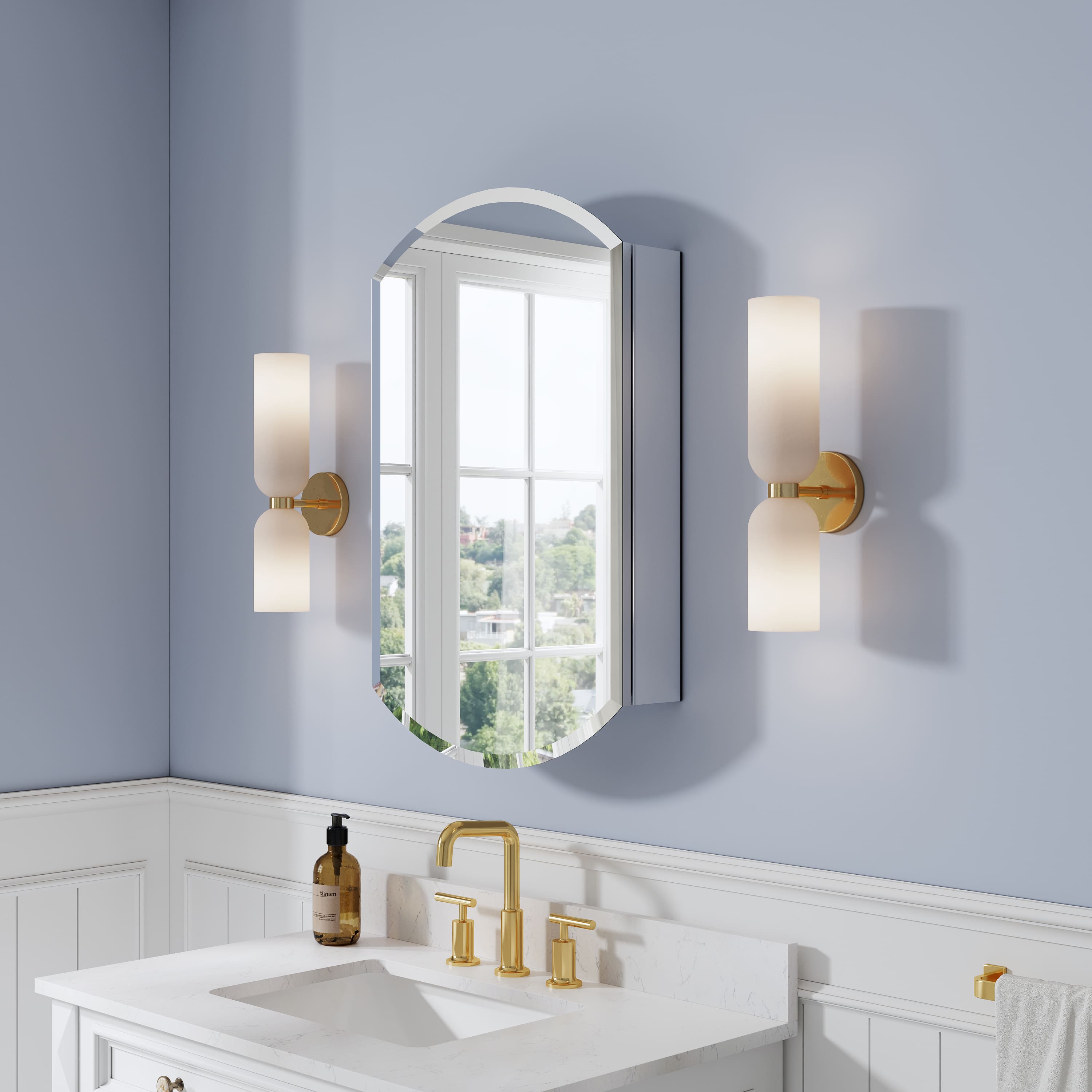 WELLFOR - 20 in. W x 32 in. H Oval Aluminum Tri-View Medicine Cabinet with Mirror, Blum Hinge, Adjustable Shelves - Silver