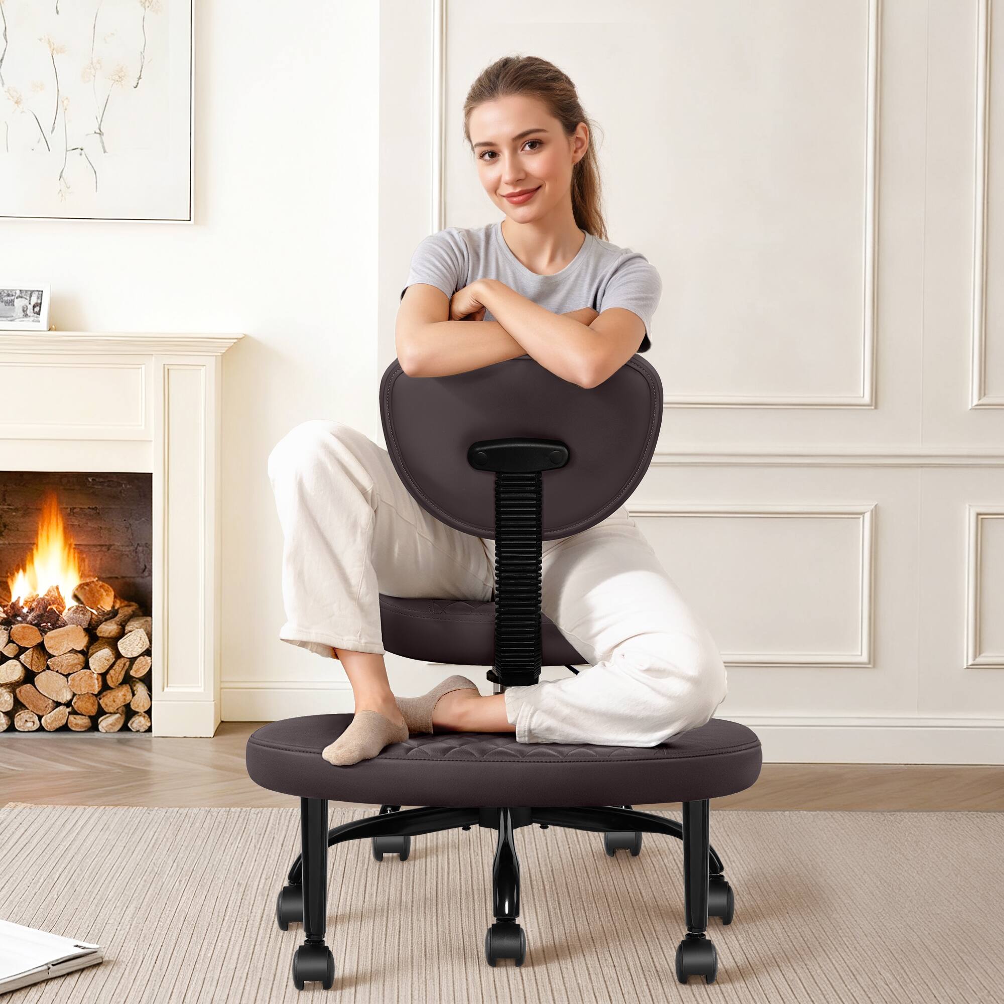 Front. KERDOM - Ergonomic Wide Cross Legged Office Chair with Wheels, Yoga Meditation Chair Kneeling Chair, ADHD Desk Chair PU Leather - Brown.