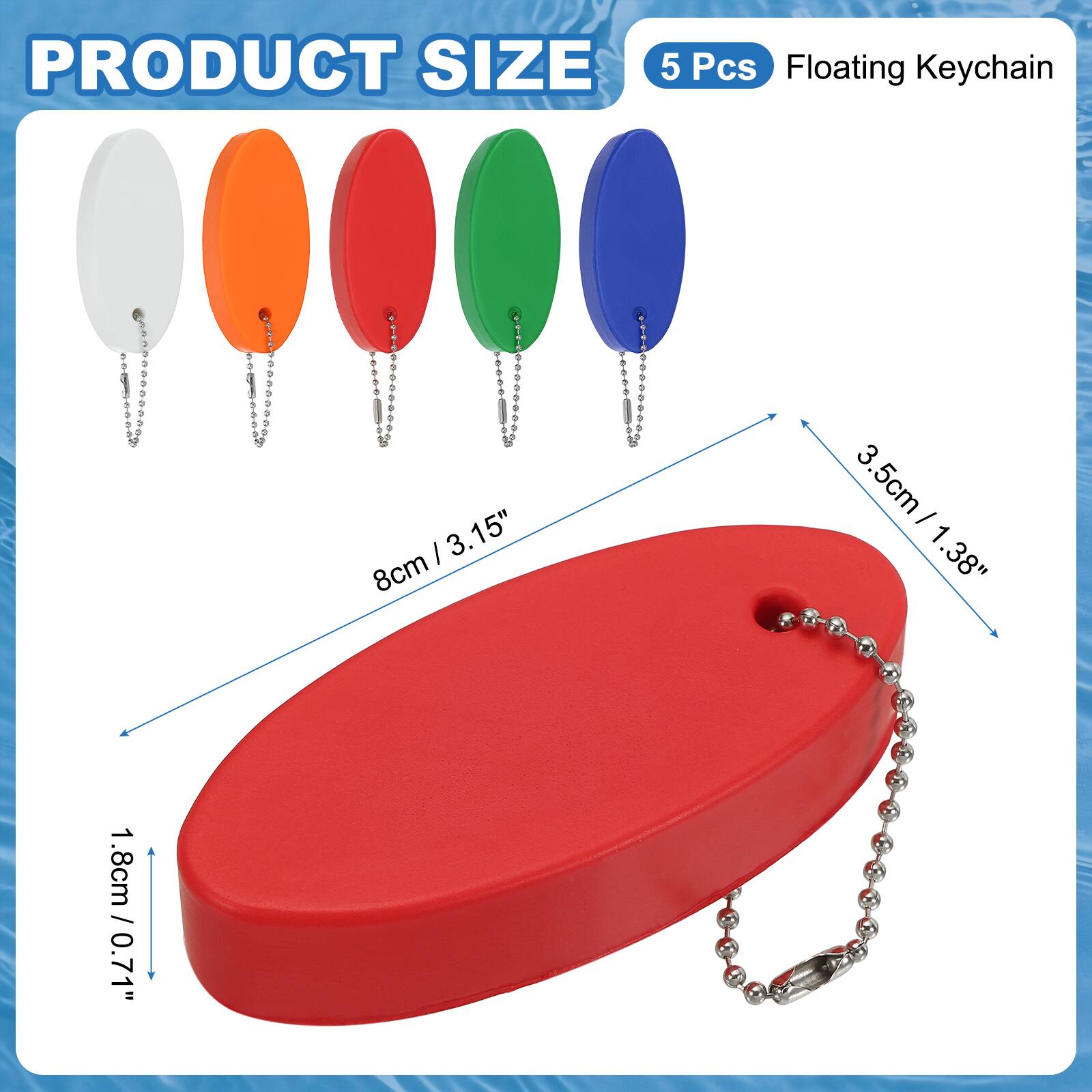 PRODUCT SIZE

5 Pcs Floating Keychain

8cm / 3.15"  
3.5cm / 1.38"  
1.8cm / 0.71"