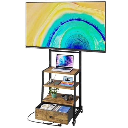 Hirose Alice - Rolling Tv Stand With Wheels And Mount & Fabric Drawer - Entertainment Center Power Outlet Small For Bedroom L - Rustic Brown-15"W (for 32-55" TV)