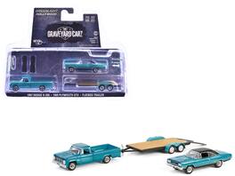 Greenlight - 1969 Plymouth GTX and 1967 Dodge D-200 Pickup Flatbed Trailer Graveyard Carz Hollywood Hitch 1/64 - Turquoise Metallic