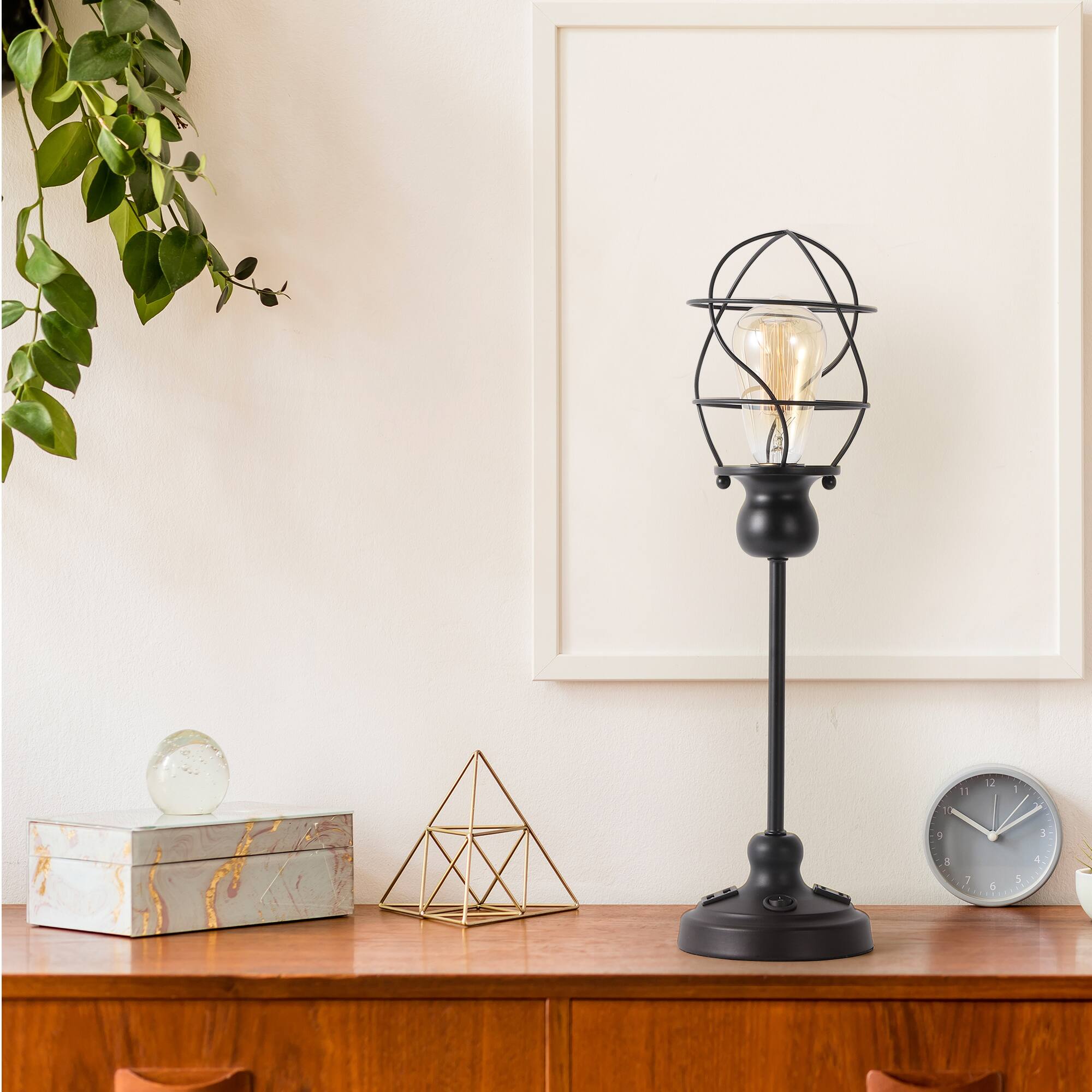 Back. Oumilen - Industrial Globe Cage Table Lamp with USB & AC Outlet – Vintage Metal Desk Lamp for Bedroom, Living Room.
