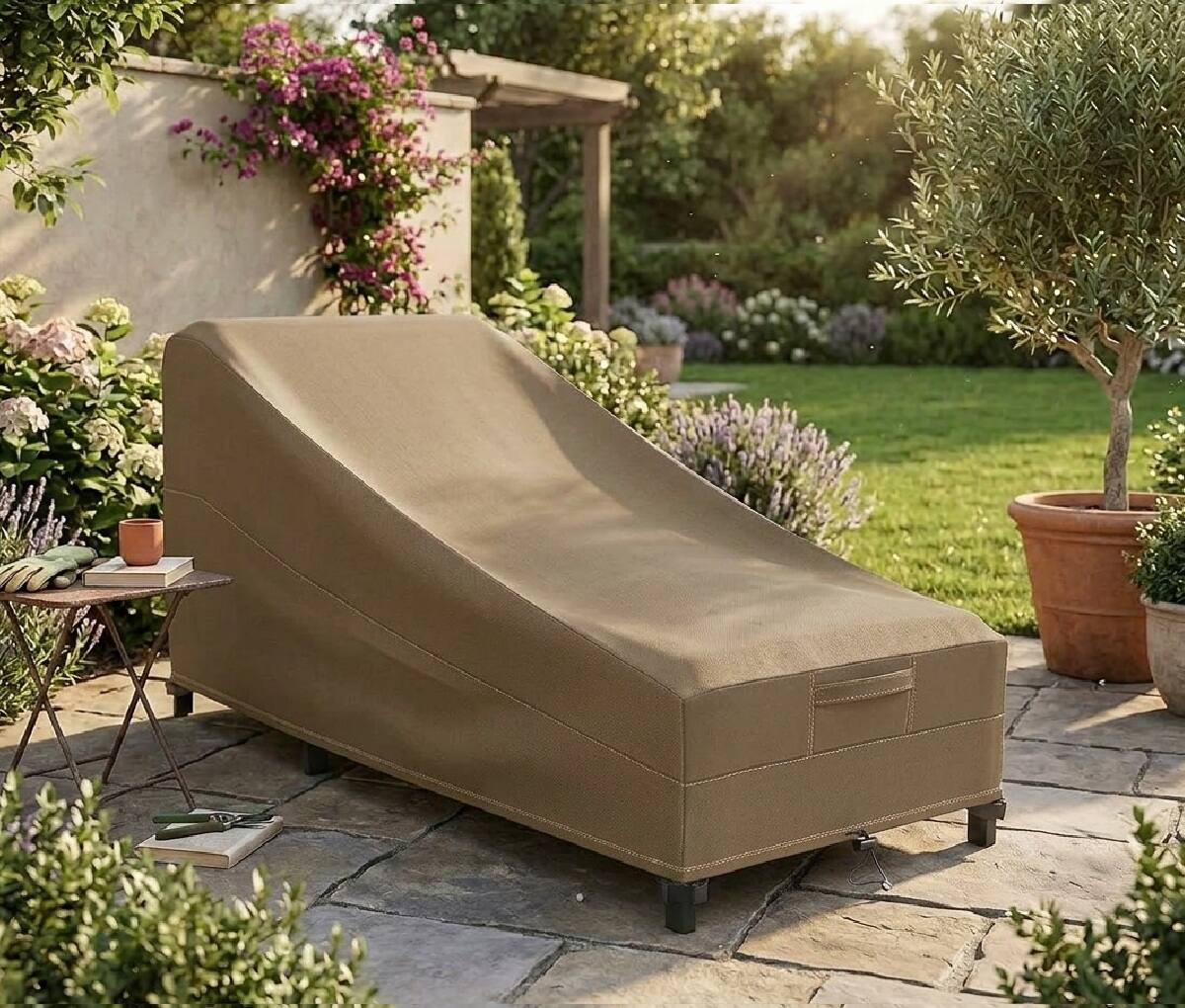 Angle. KHOMO GEAR - Heavy-Duty Patio Chaise Lounge Chair Cover, Waterproof Outdoor Furniture Protector, Fade & Weather Resistant - Brown.