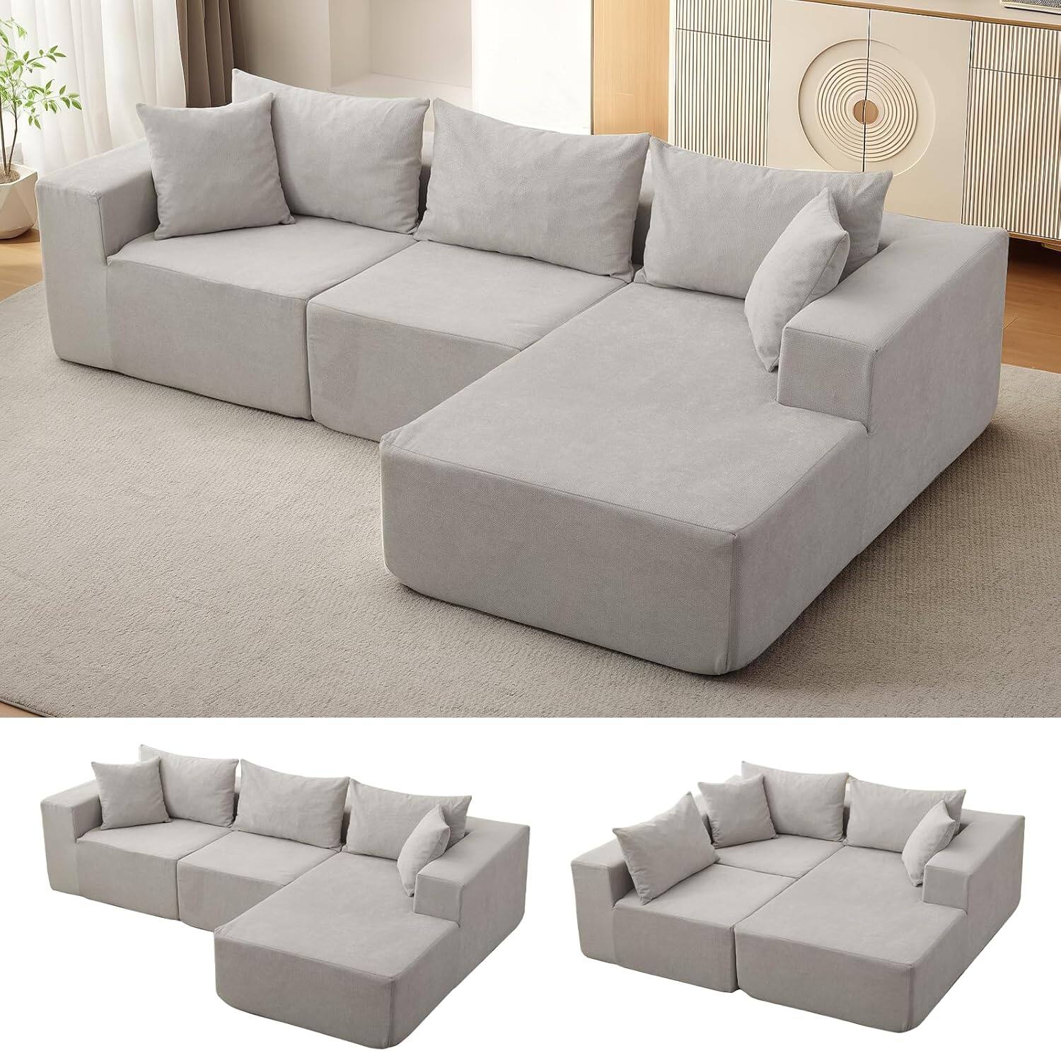Front. Babevy - 108in No Assembly Modular Cloud Sectional Couch Chaise L Shape Boneless Sofa Bed Fluffy Compressed Living Room - White.