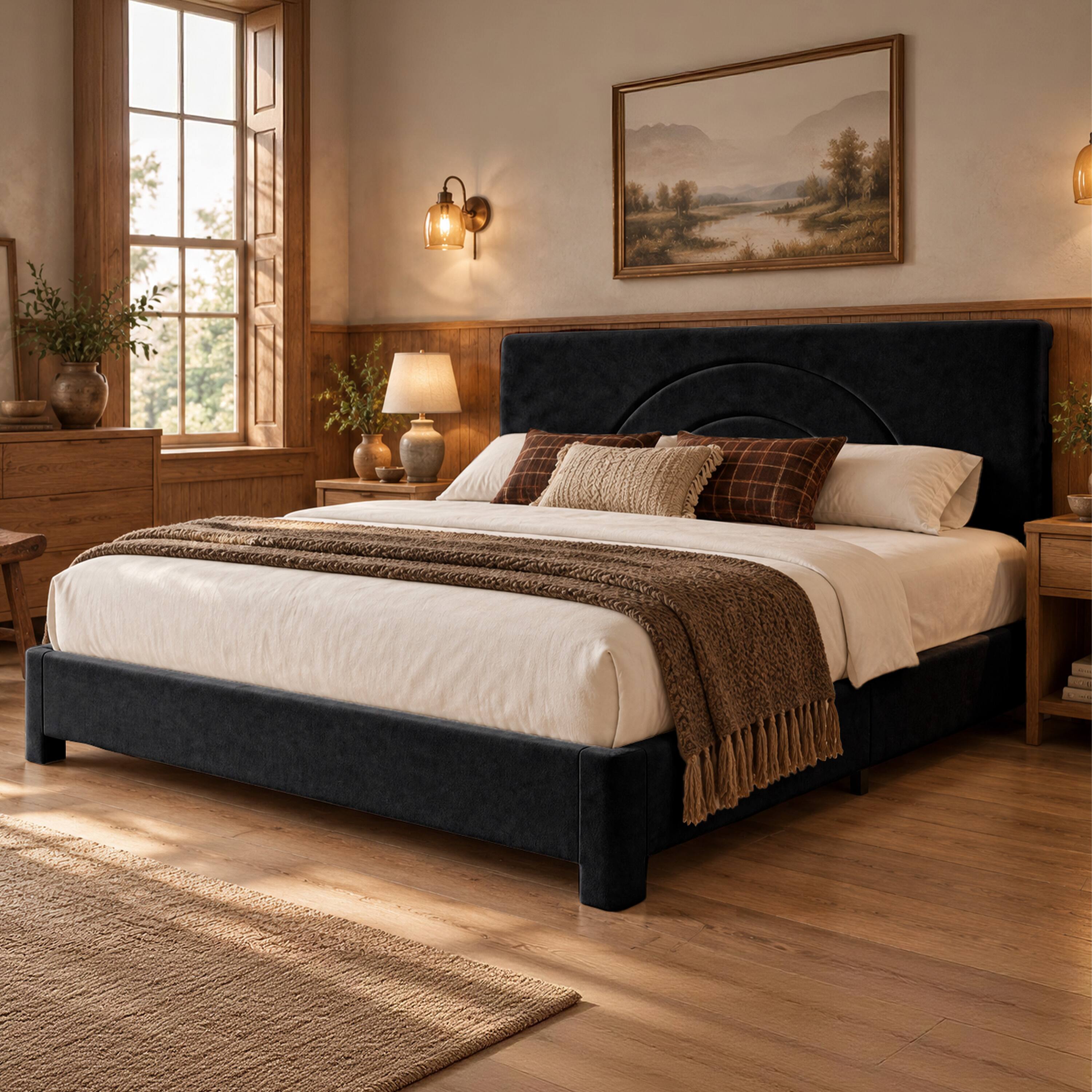 Vipbear Velvet Upholstered Bed Frame with Solid Wood Slats, Platform ...