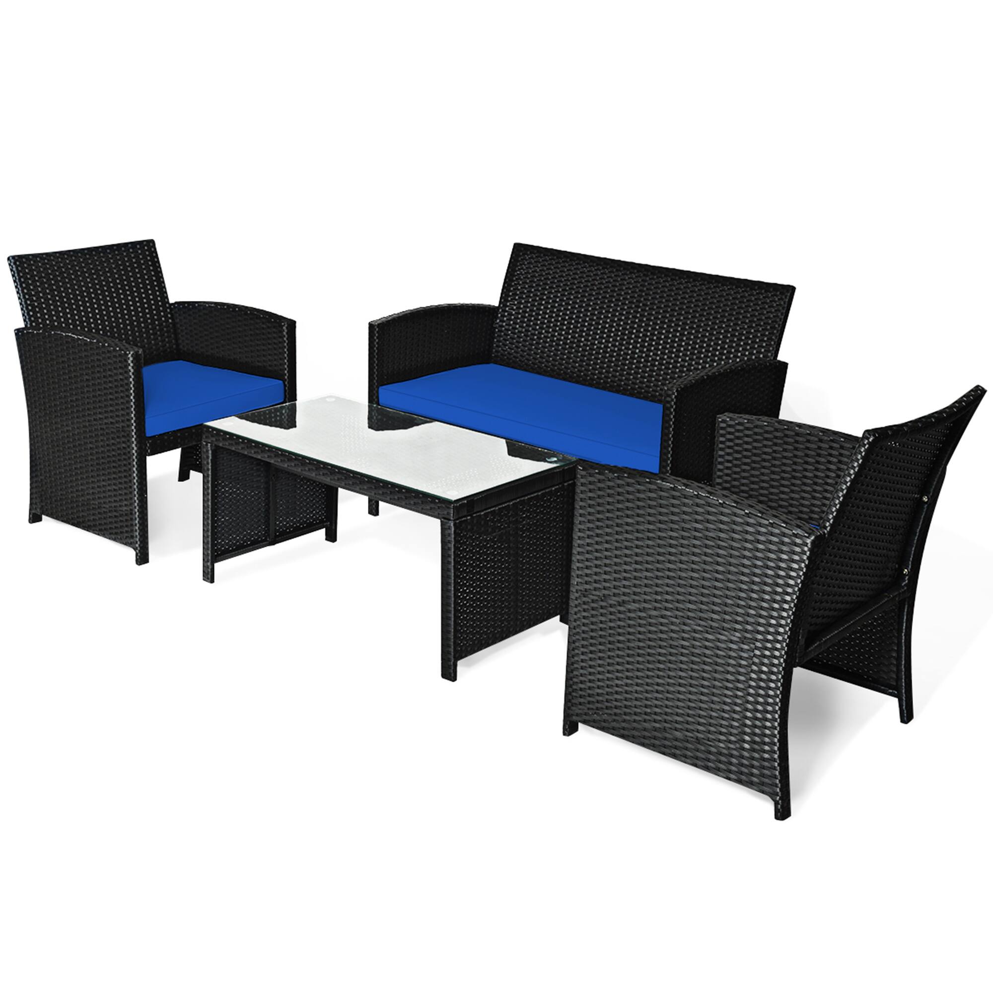 Alt View 1. Gymax - Gymax 4PCS Rattan Outdoor Conversation Set Patio Furniture Set w/ Navy Cushions - Navy.