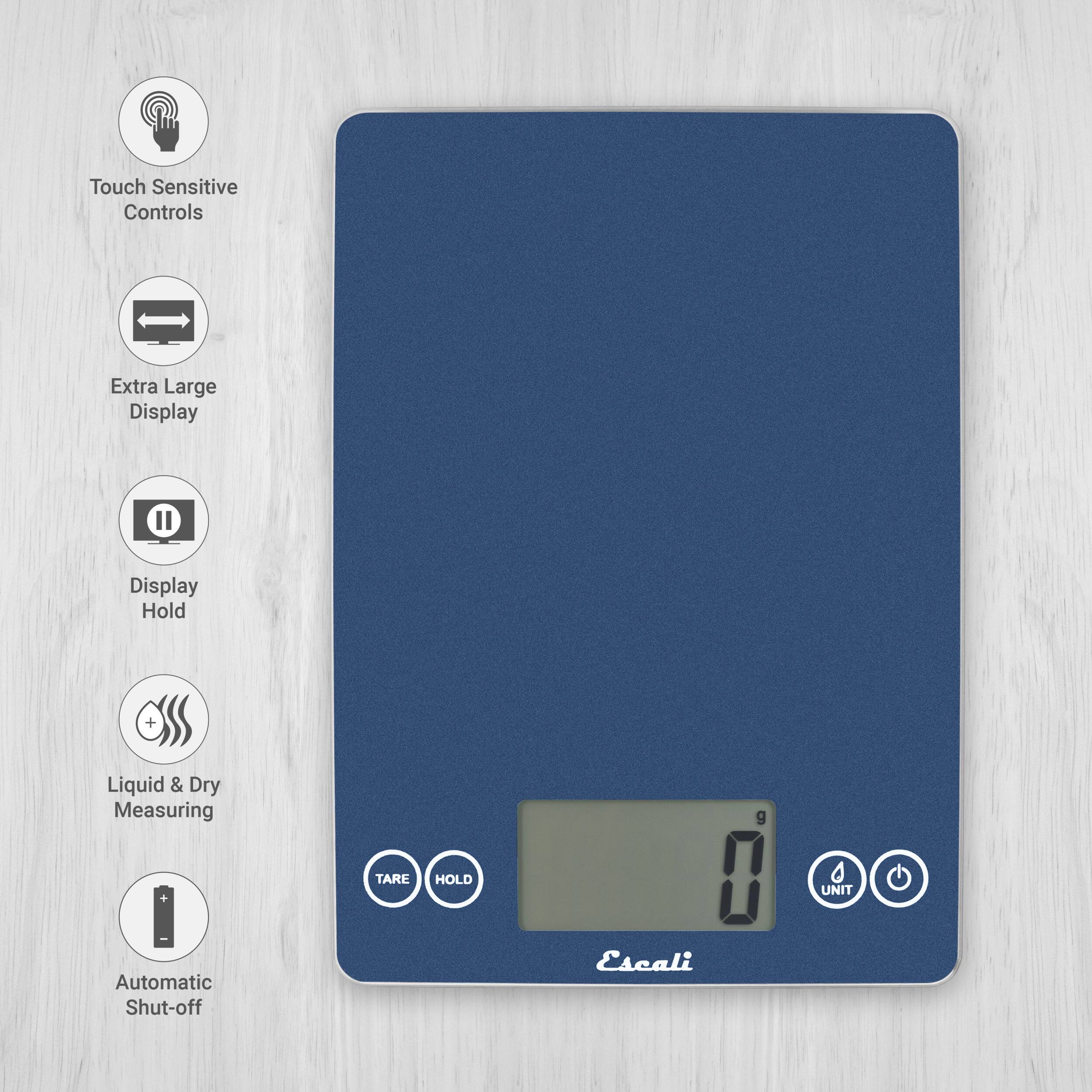 Touch Sensitive Controls, Extra Large Display, Display Hold, Liquid & Dry Measuring, Automatic Shut-off, Escali, TARE, HOLD, UNIT