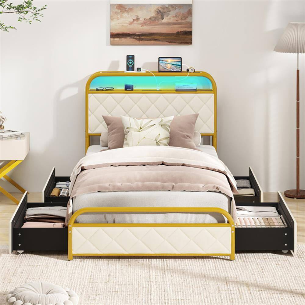 Angle. Kadyn - Platform Bed Frame Bedroom Bed FrameTwinFullQueen Size Bed Frame with LED Lights and Charging Station GoldTwin Size - Golden-Twin.